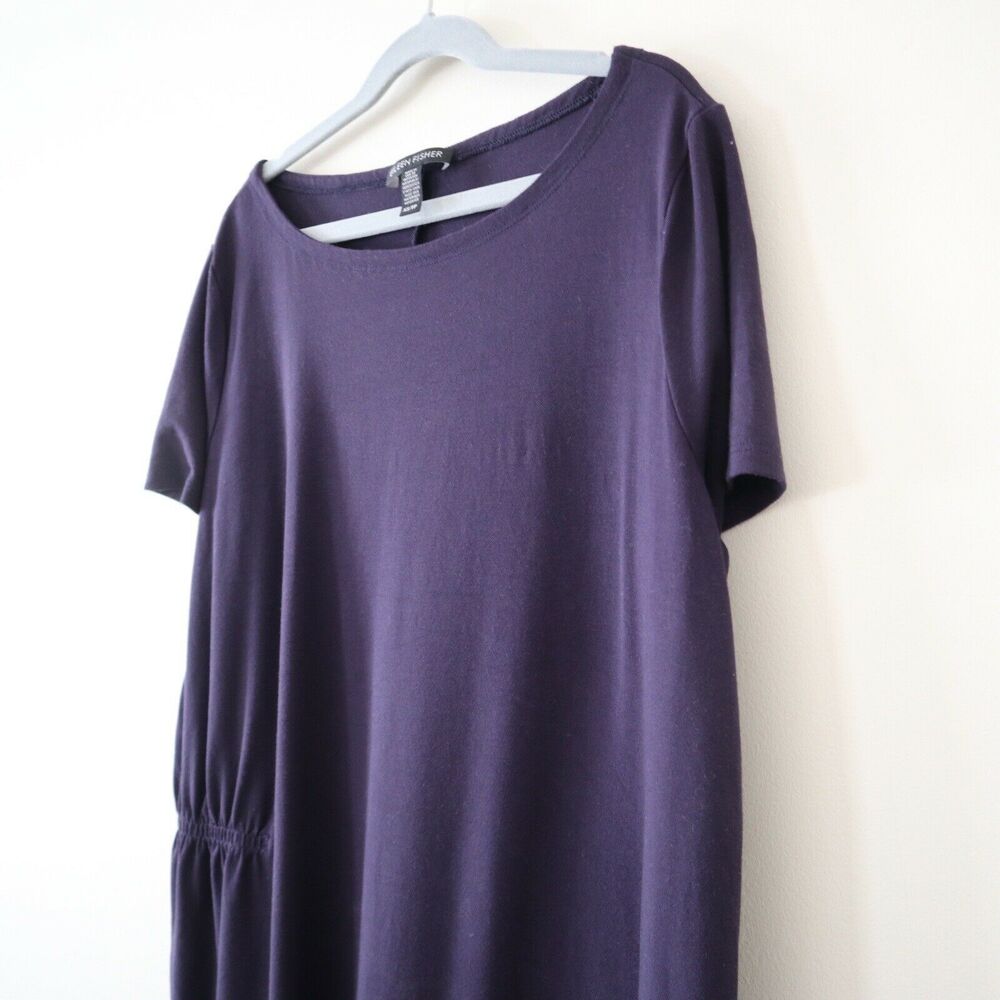 Eileen Fisher Ballet Neck Asymmetric Jersey Dress Purple Ruched Side - Picture 5 of 11